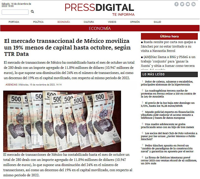 El mercado transaccional de Mxico moviliza un 19% menos de capital hasta octubre, segn TTR Data
